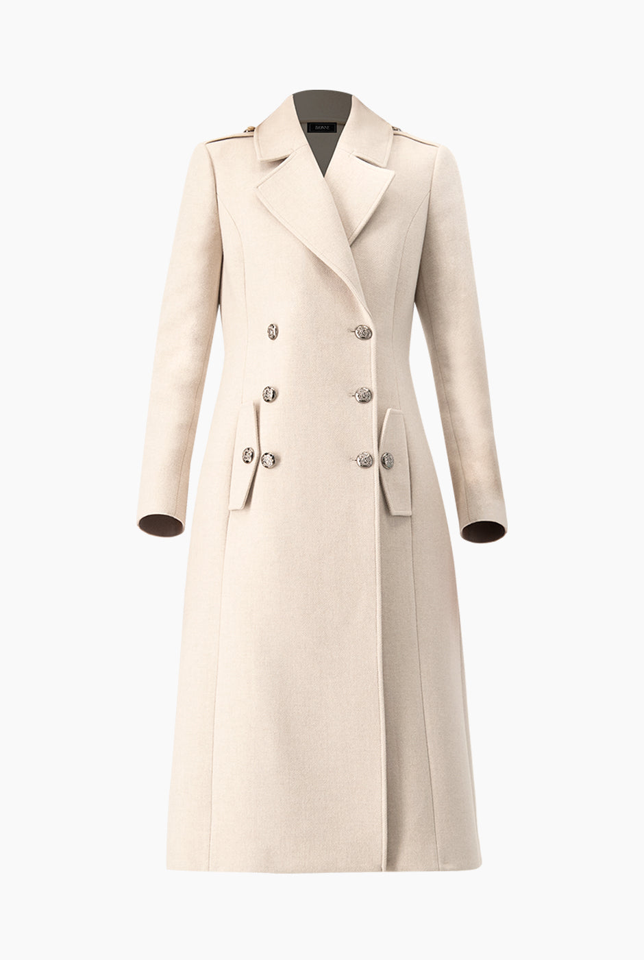 Abrigo largo cruzado en marfil con doble botonadura y solapa
