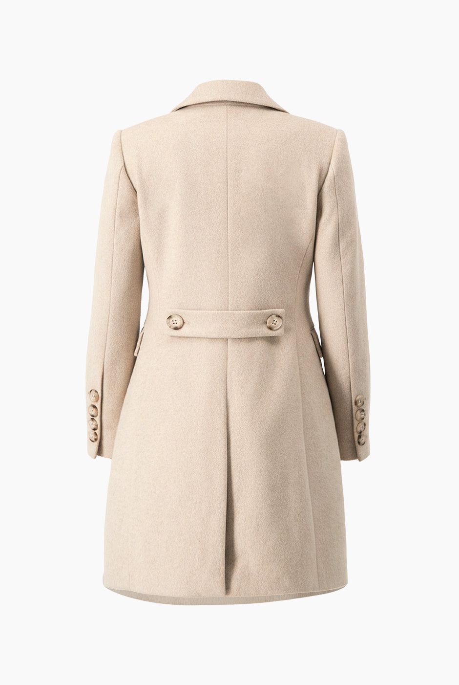 Abrigo largo beige con botones frontales y solapa