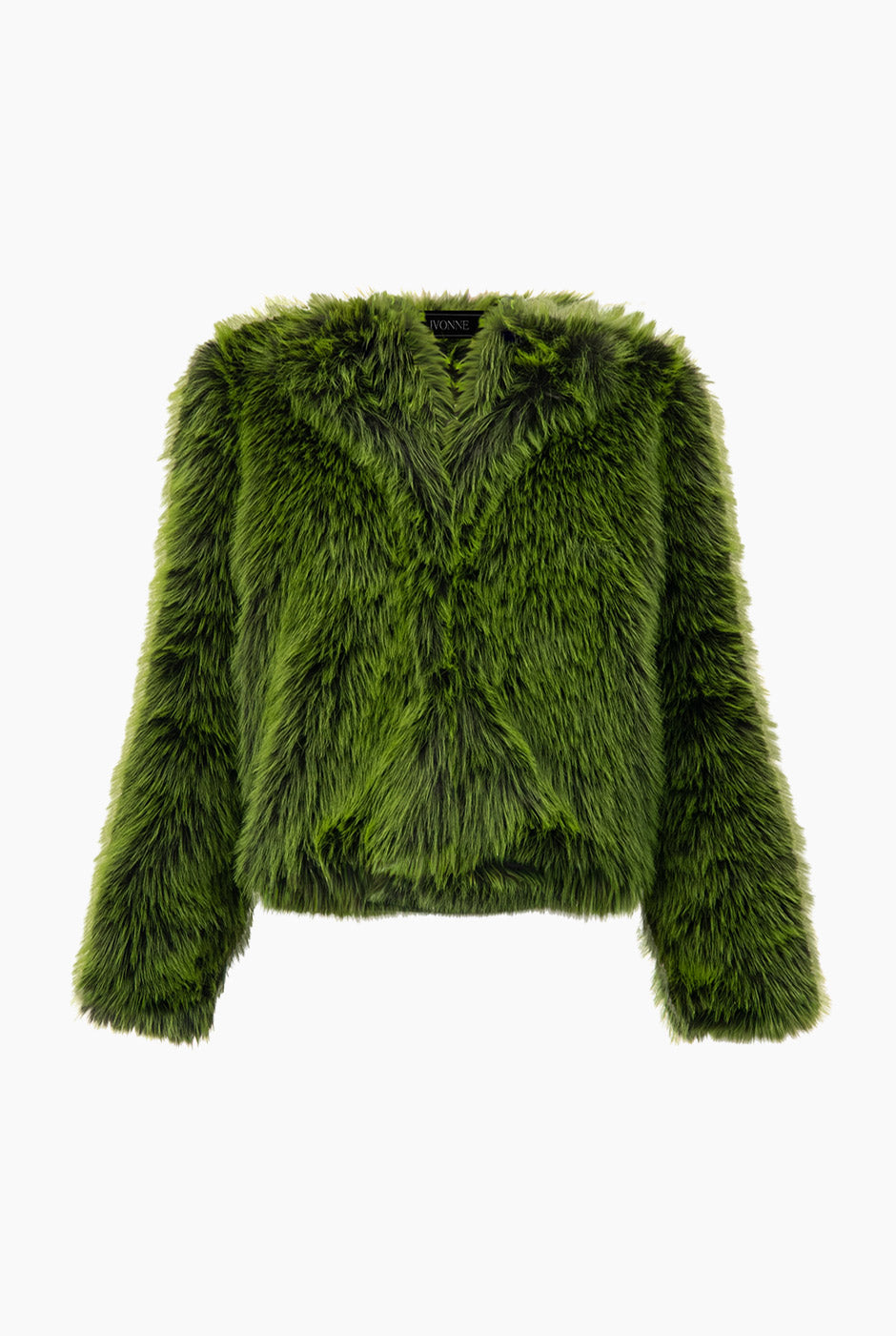 Abrigo corto de peluche verde con broche y textura de pelo