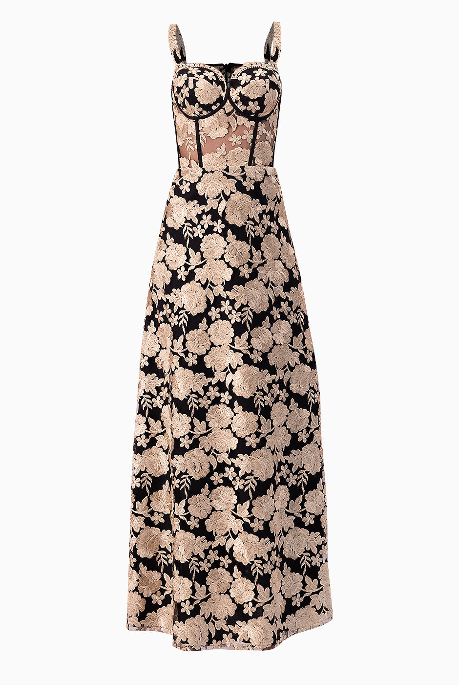 Vestido largo dorado con corset y bordado floral, diseño Couture de Ivonne.