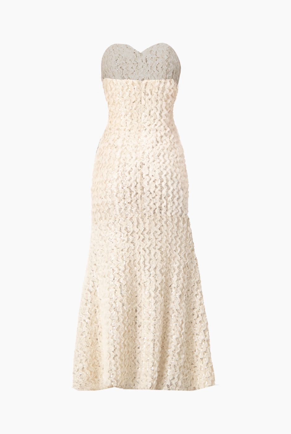 Vestido largo blanco strapless con lentejuelas y textura