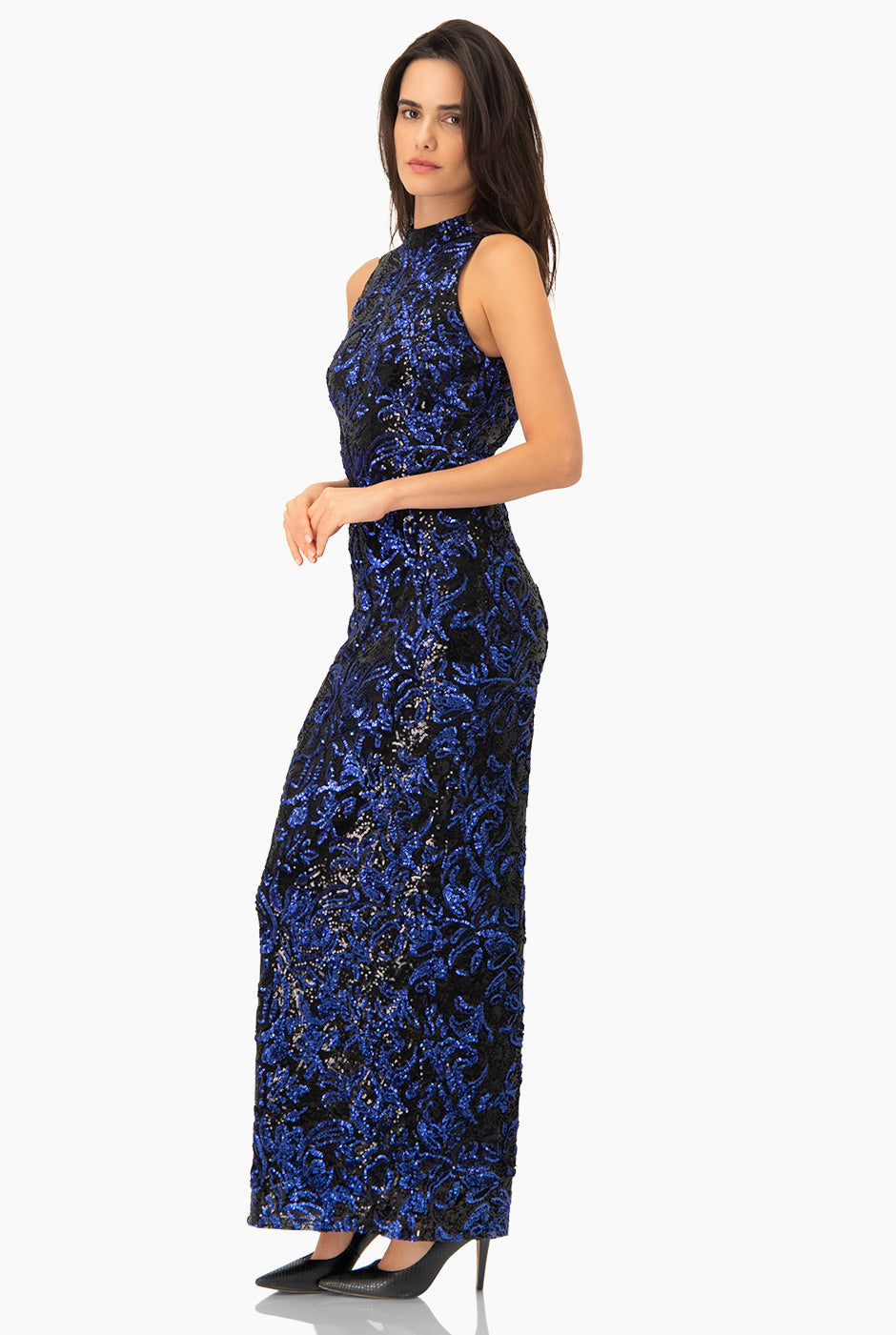 Vestido largo de lentejuelas marino con abertura trasera