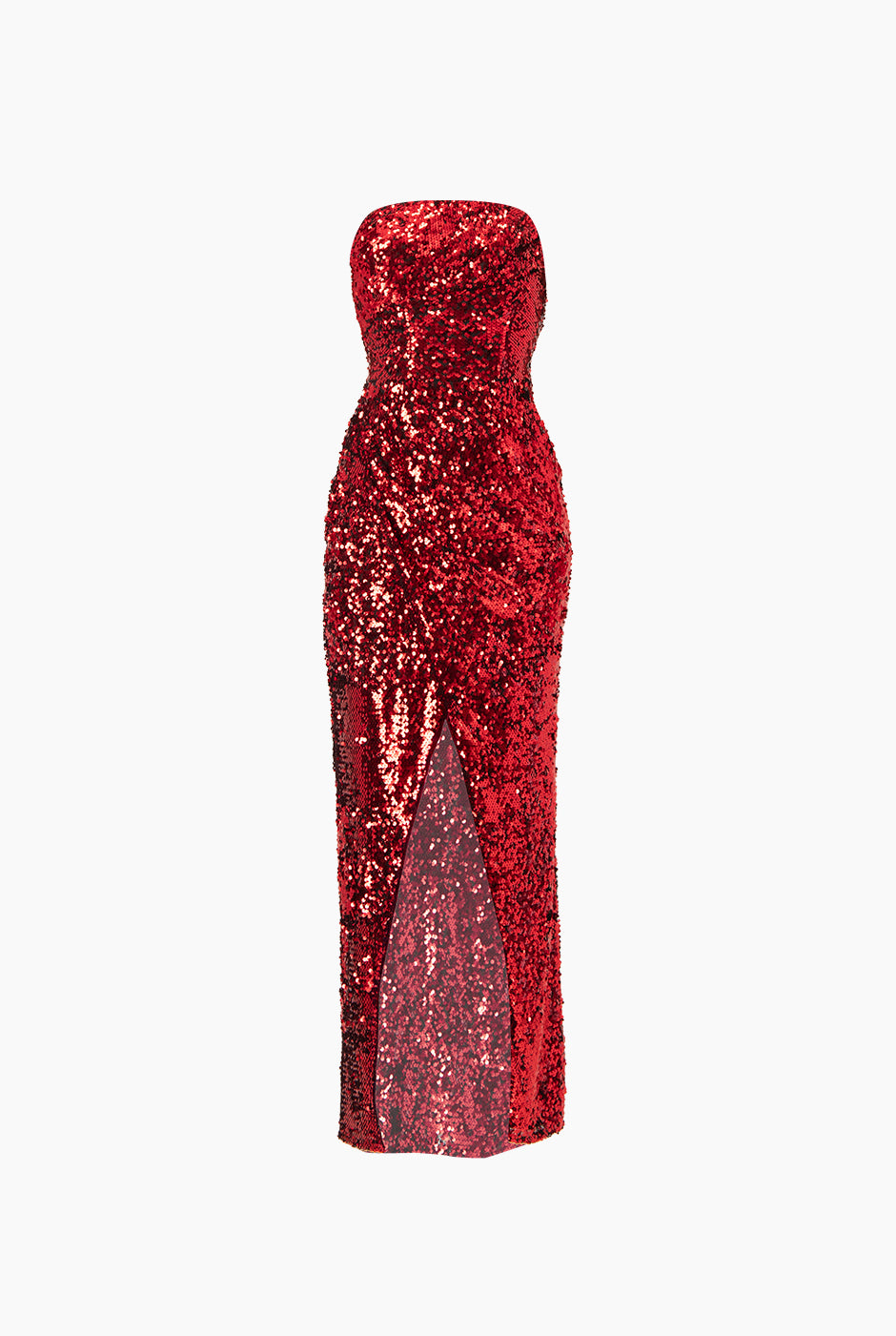 Vestido rojo strapless de lentejuelas con abertura frontal
