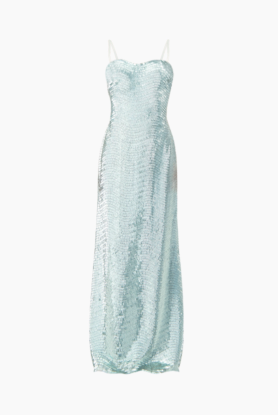 Vestido largo azul con escote corazón y lentejuelas