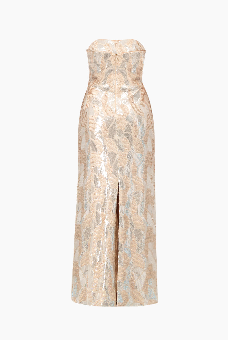 Vestido largo beige strapless con lentejuelas y abertura trasera