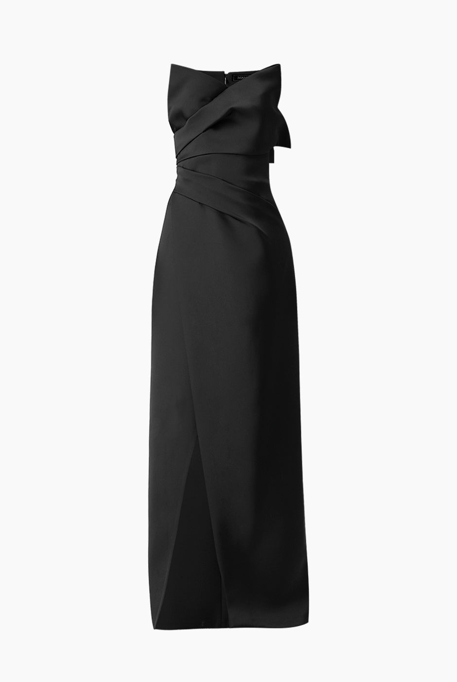 Vestido negro strapless largo con abertura y drapeado