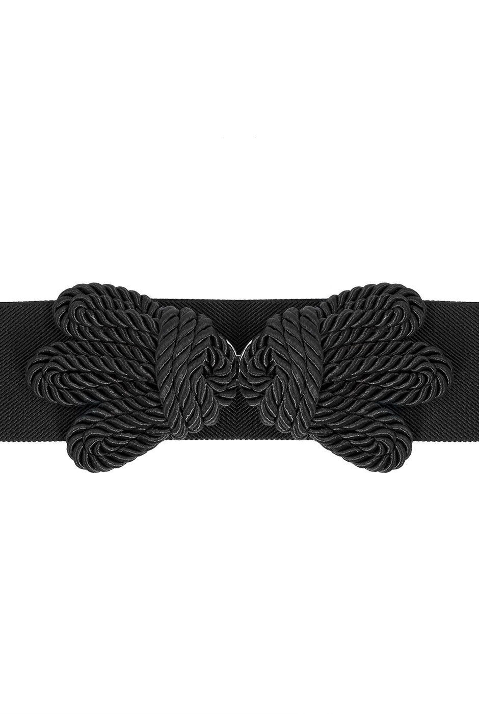 Cinturón negro elástico con nudos decorativos y broche de cordón