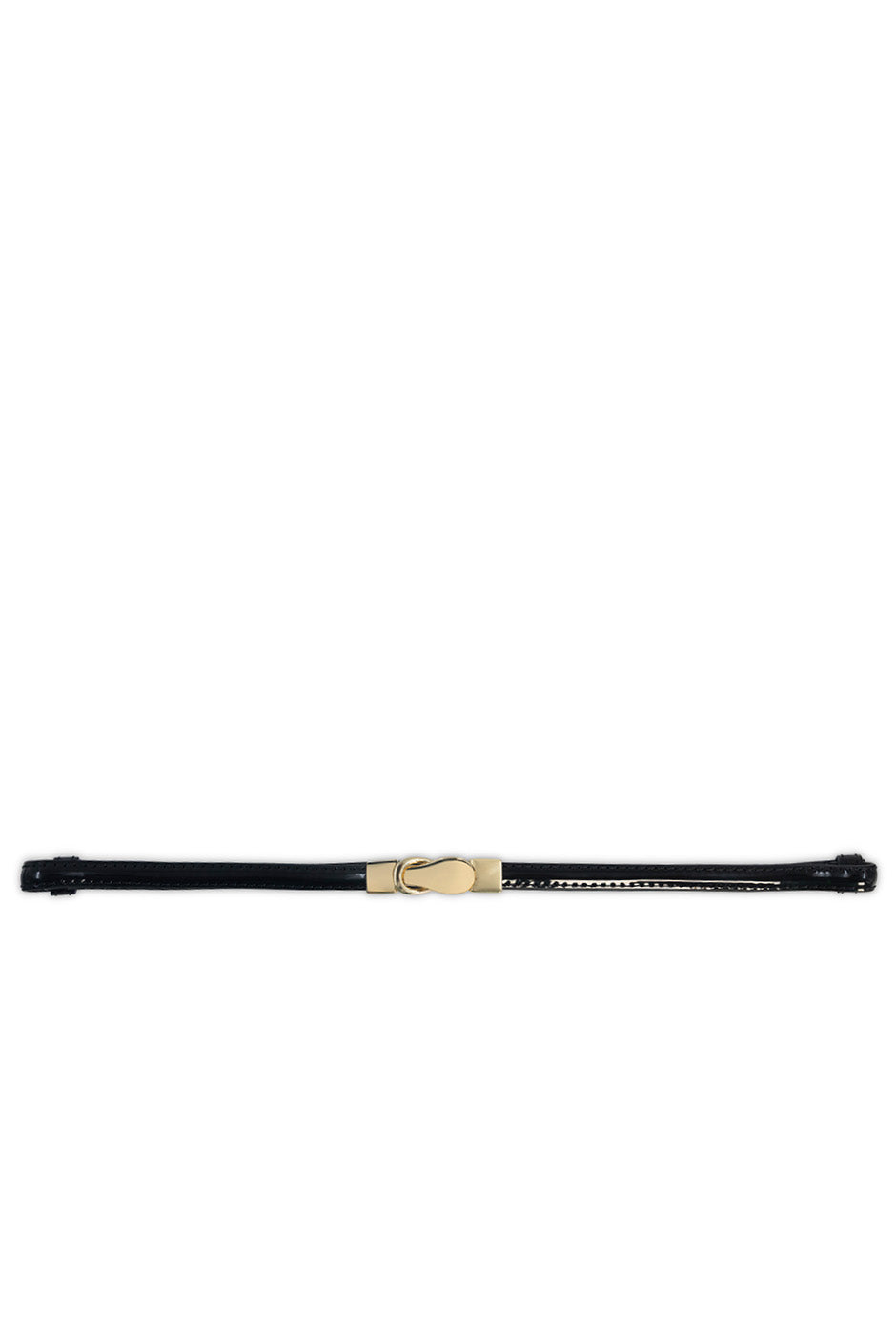 Cinturón delgado de charol negro con hebilla dorada