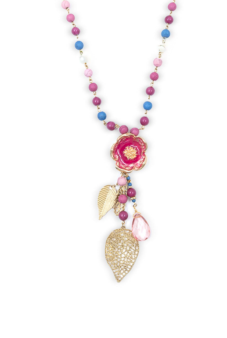 Collar Maxi Lariat fucsia con colgantes de flor y hojas