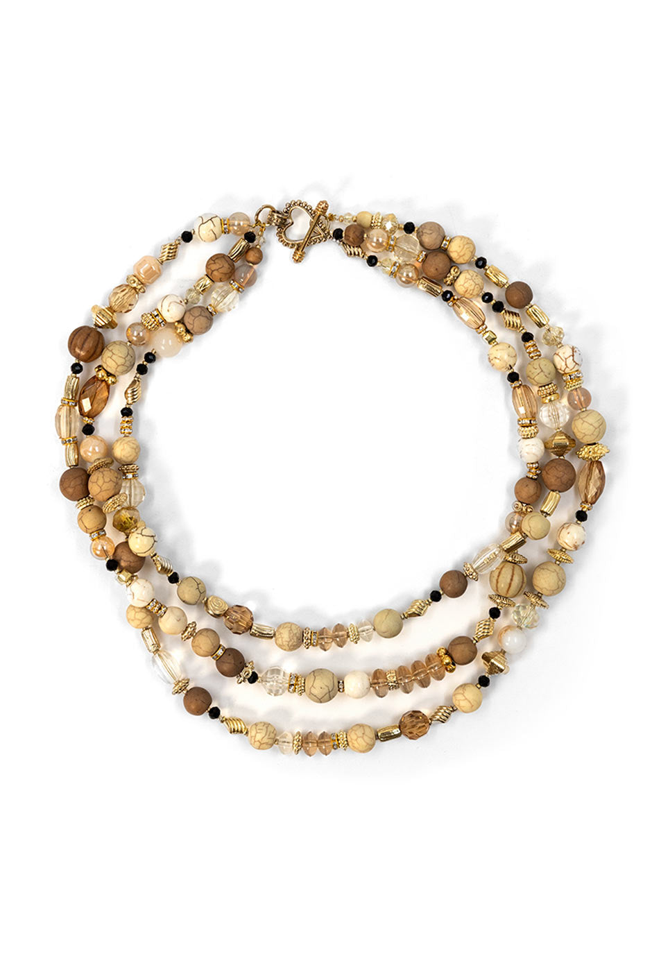 Collar 3 capas beige con abalorios tierra y dorados