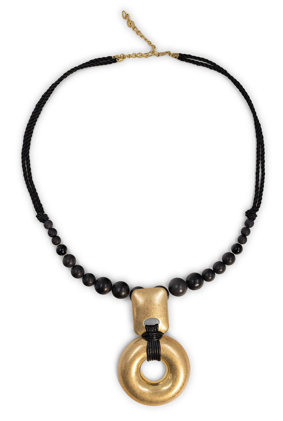 Maxi collar de cordón negro con cuentas y colgante dorado