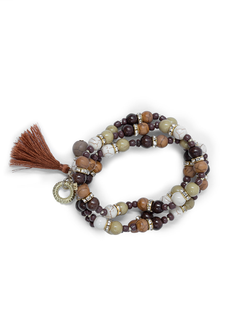Pulsera Triple Beads con cuentas café y dijes colgantes