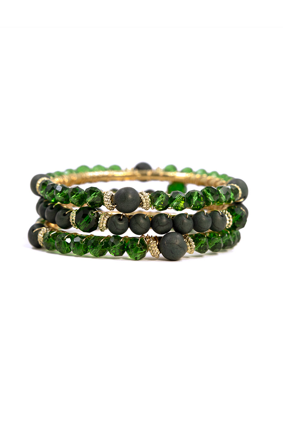 Pulsera Esmeralda Triple con cuentas verdes y doradas
