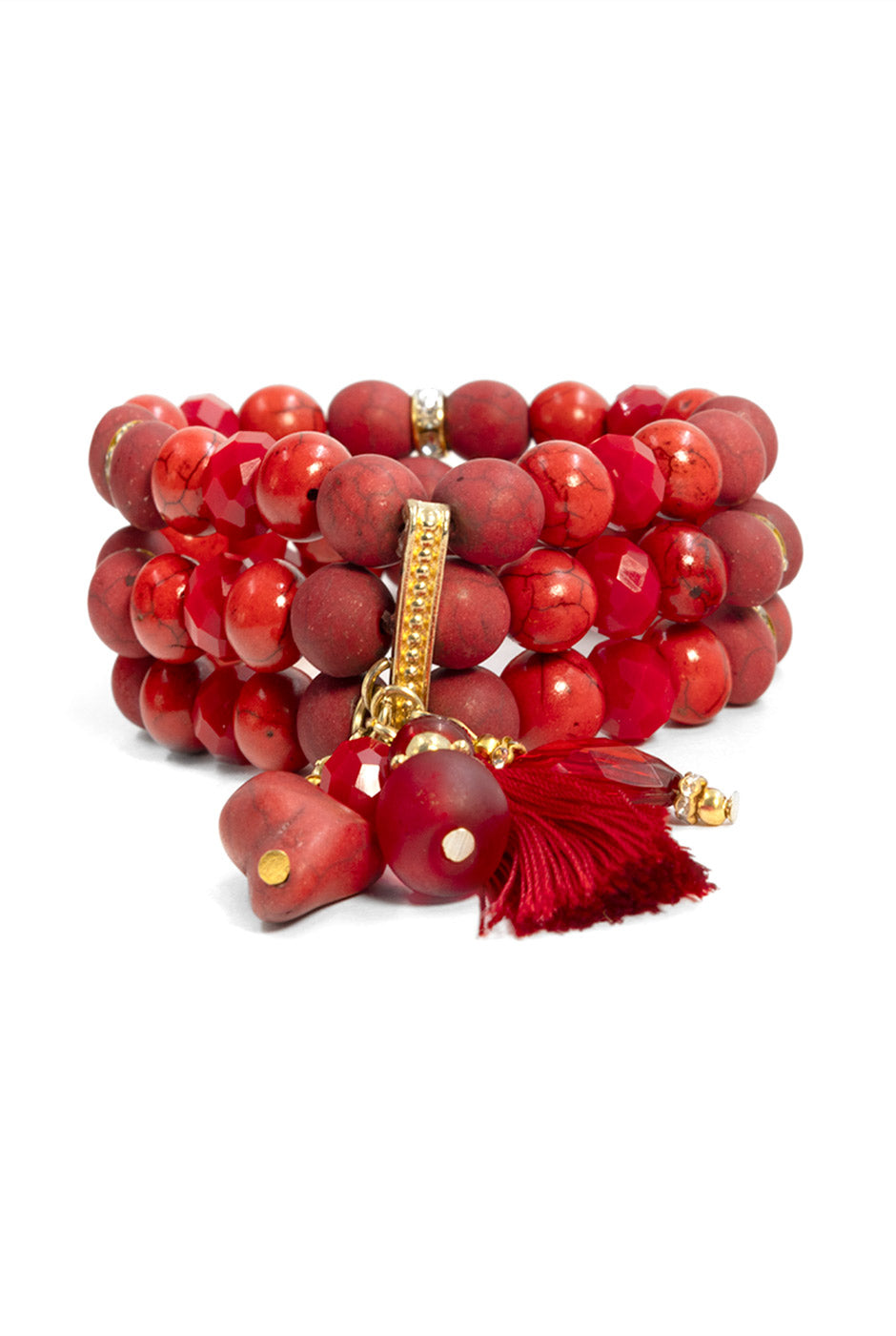 Brazalete Borla Rojo con cuentas y colgantes dorados