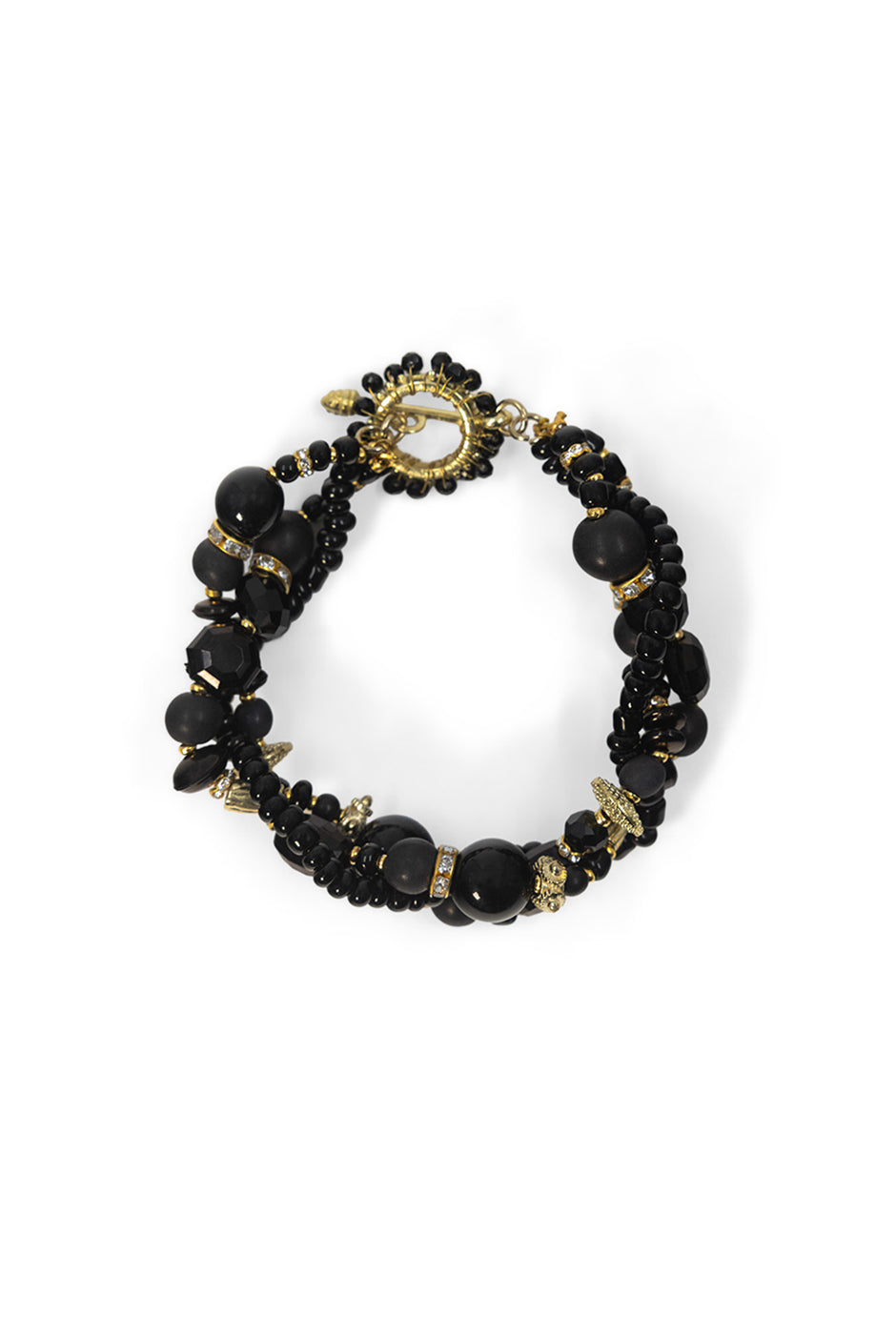 Pulsera trenzada de cuentas negras y doradas