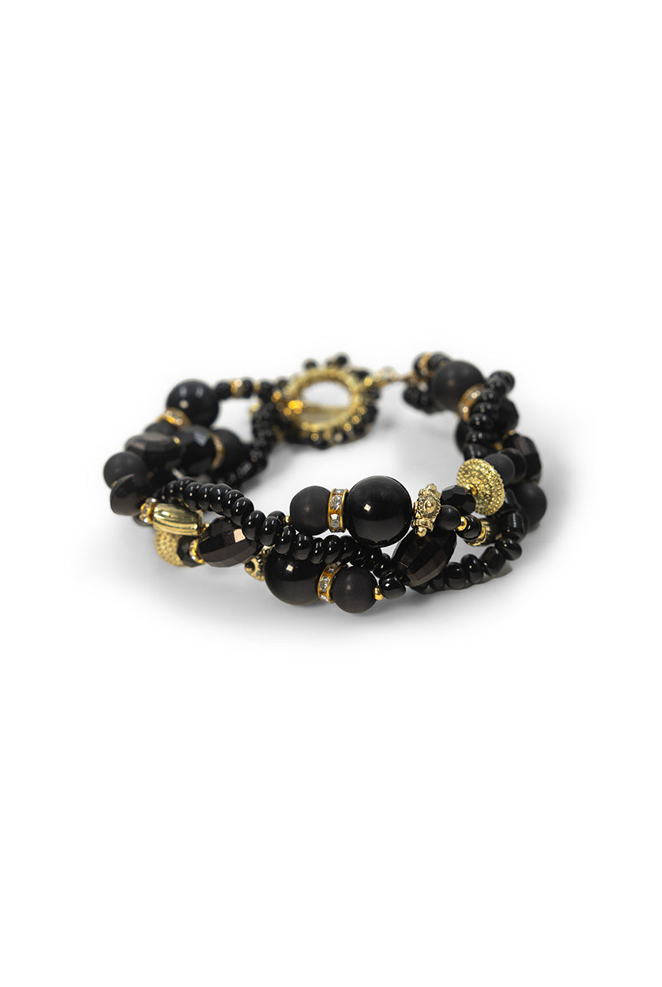 Pulsera trenzada de cuentas negras y doradas