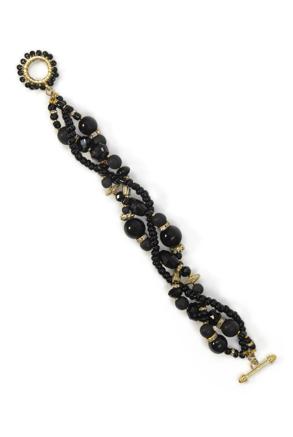 Pulsera trenzada de cuentas negras y doradas