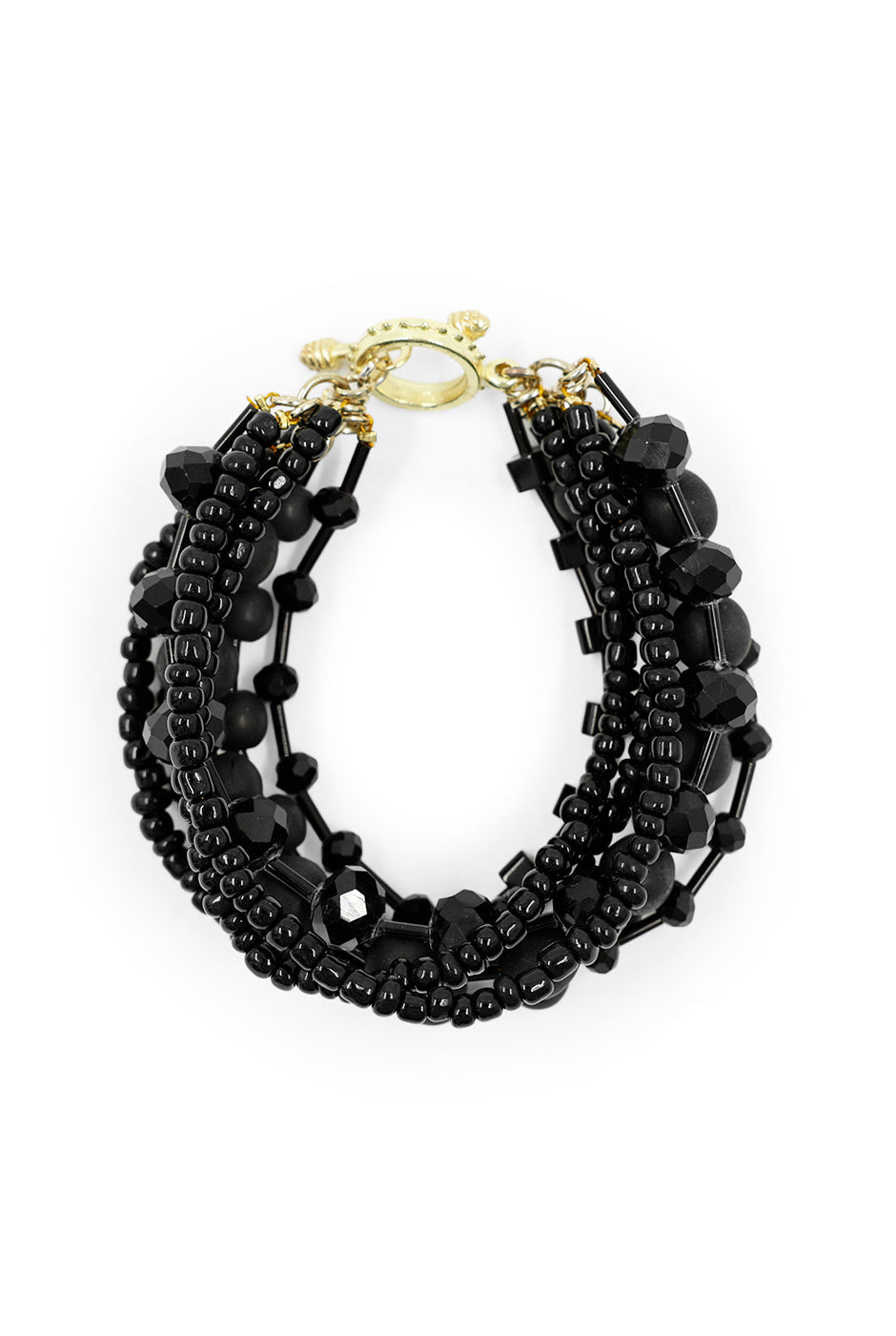 Pulsera de abalorios negros con broche dorado