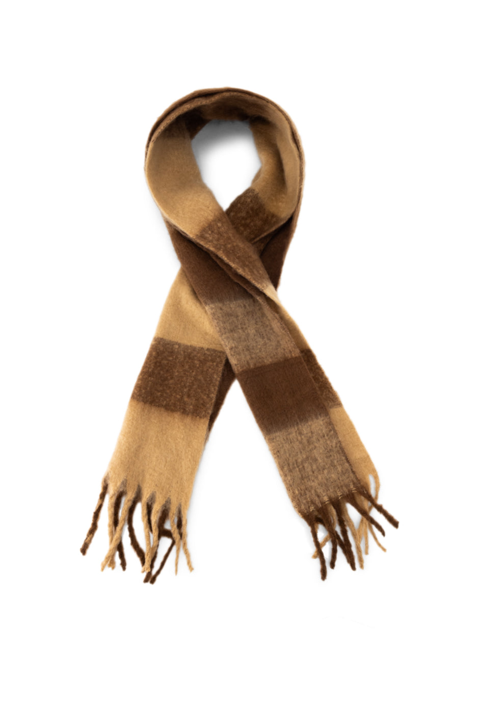 Bufanda café con estampado de cuadros y borlas en los extremos