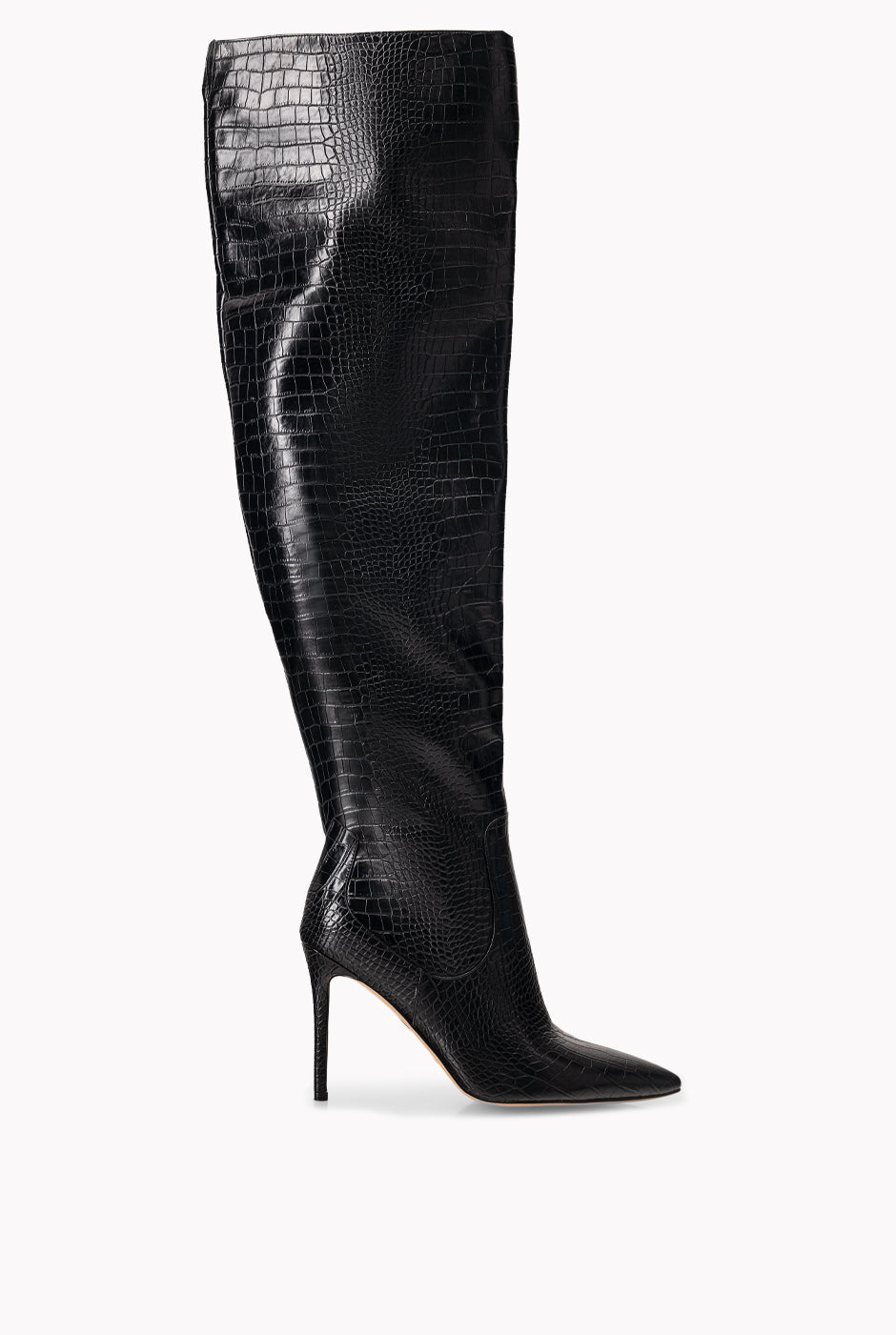 Bota alta negra de ecopiel con estampado croco y tacón stiletto