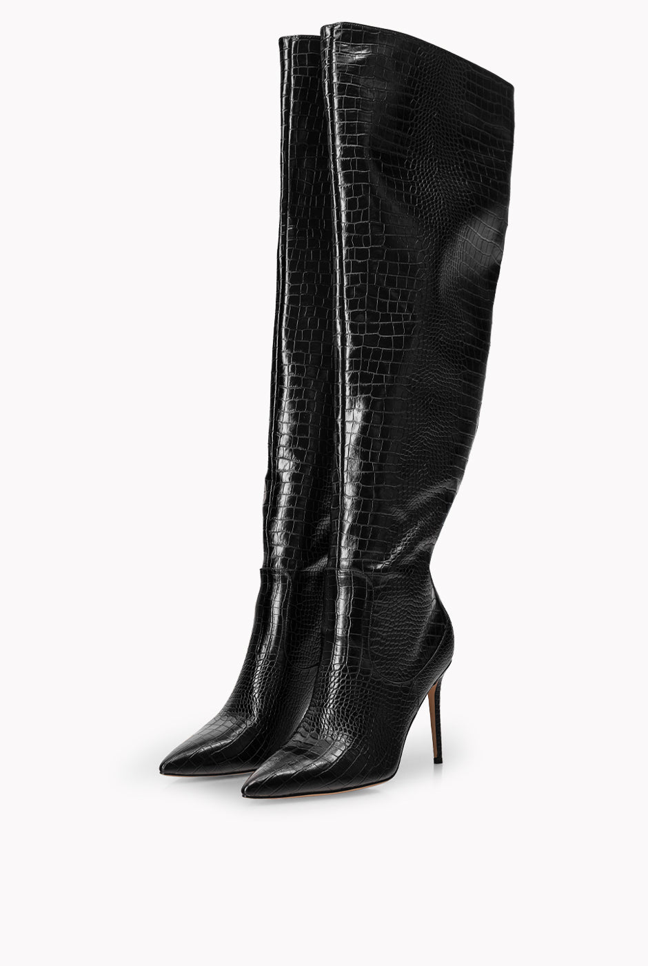 Bota alta negra de ecopiel con estampado croco y tacón stiletto
