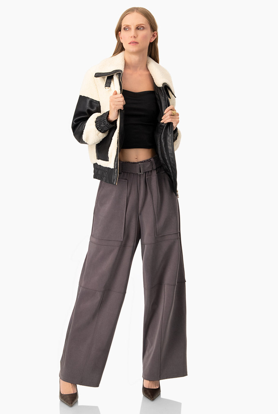 Chaqueta Teddy PU negra con ecopiel y textura afelpada